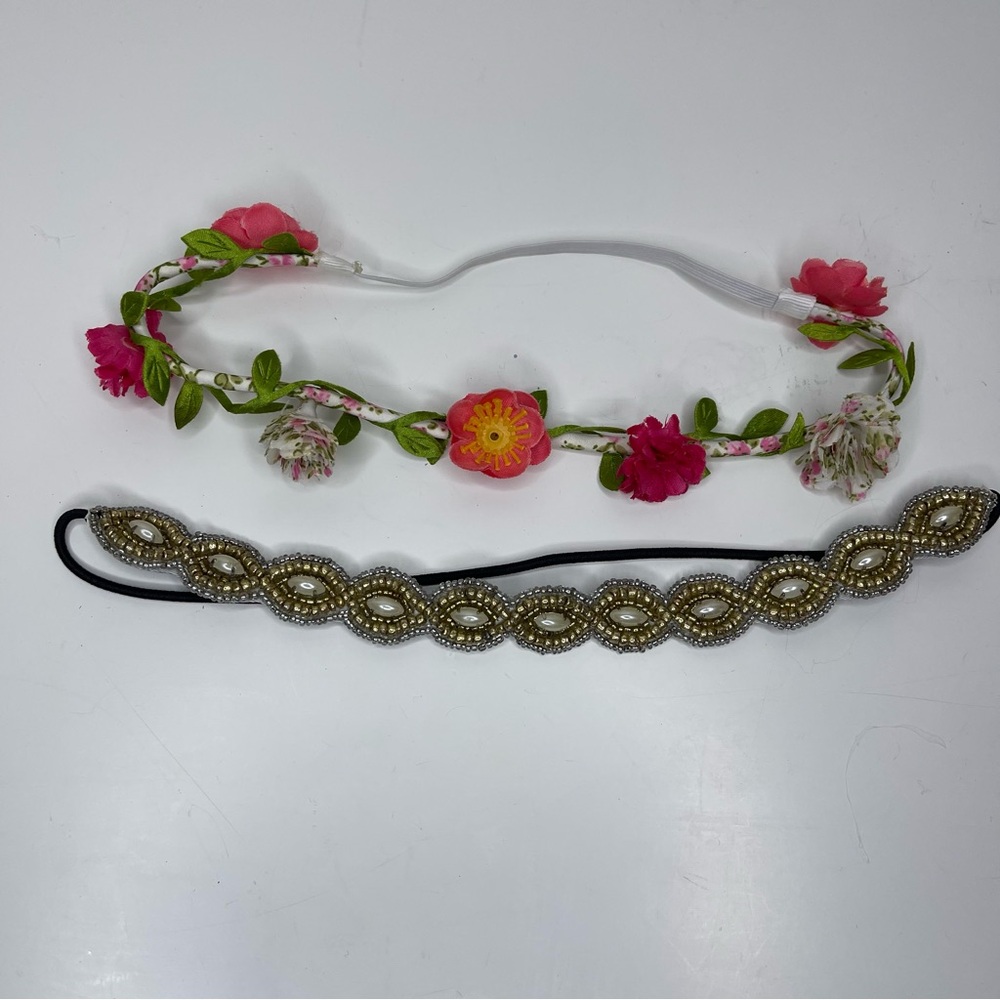 Girls Floral and Beaded Elastic Headbands / Hair Accessories